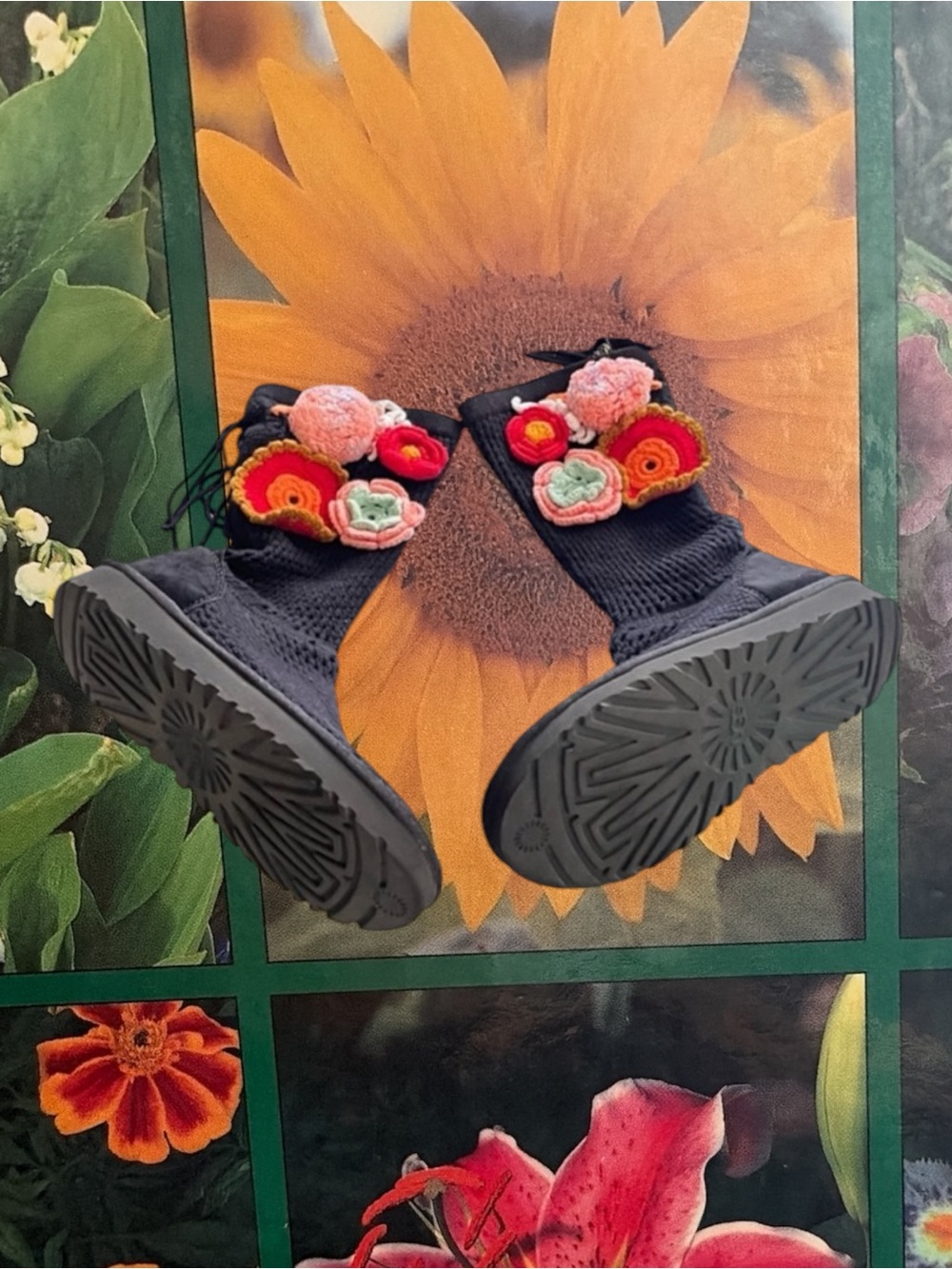 UGG Australia Classic colorful,  Floral Crochet  Black Knit Boots 10